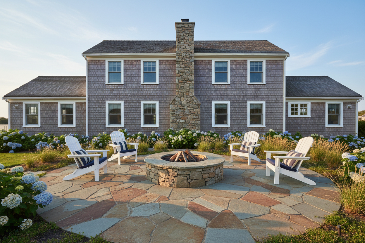 Create me a cape cod styled home with a stone patio and stone firepit in the center