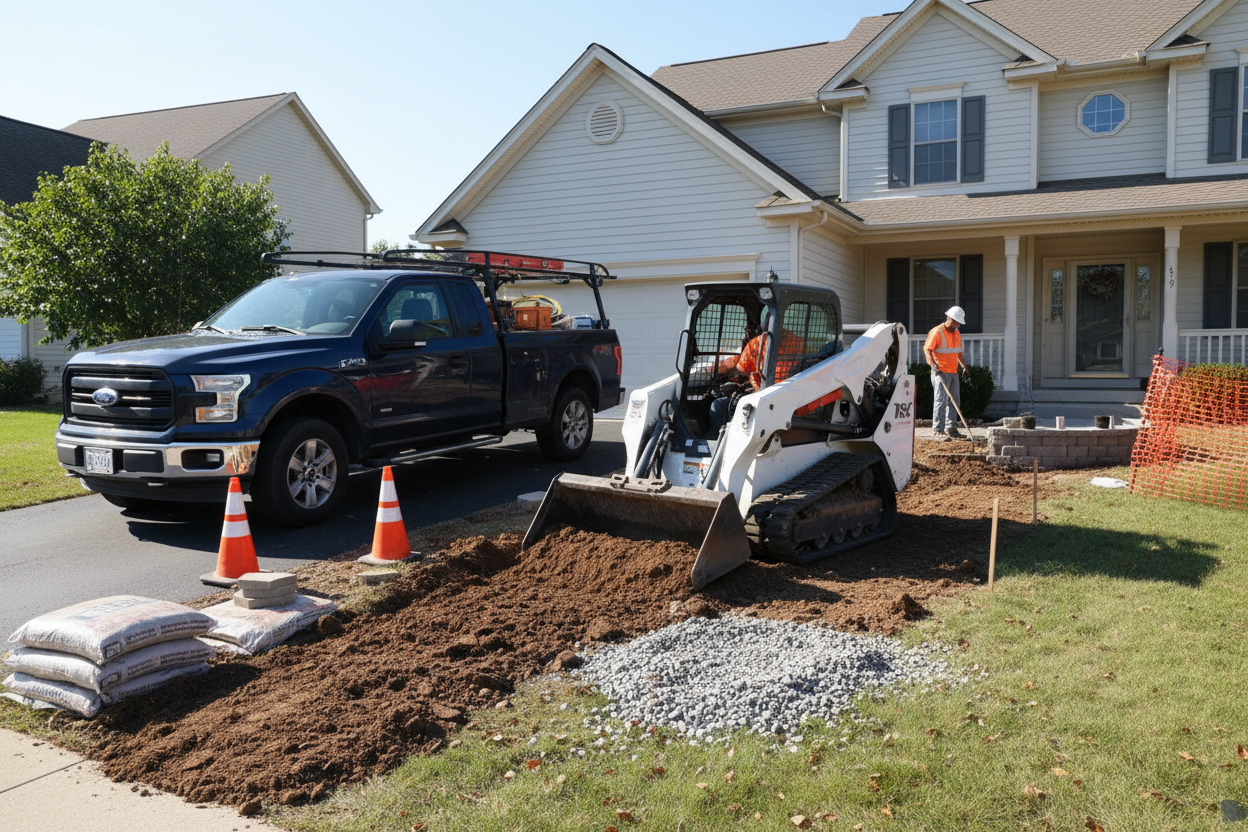 Create me an image of a mini skid steer on a home project with a navy blue 2014 f150 wok truck in the back 