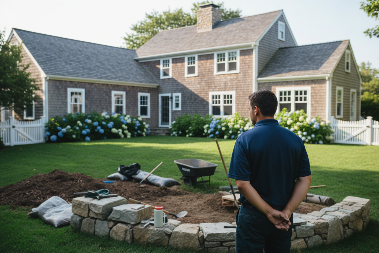 Create me an image of a worker in a navy blue shirt overlook a home project in the backyard of a cape cod style home