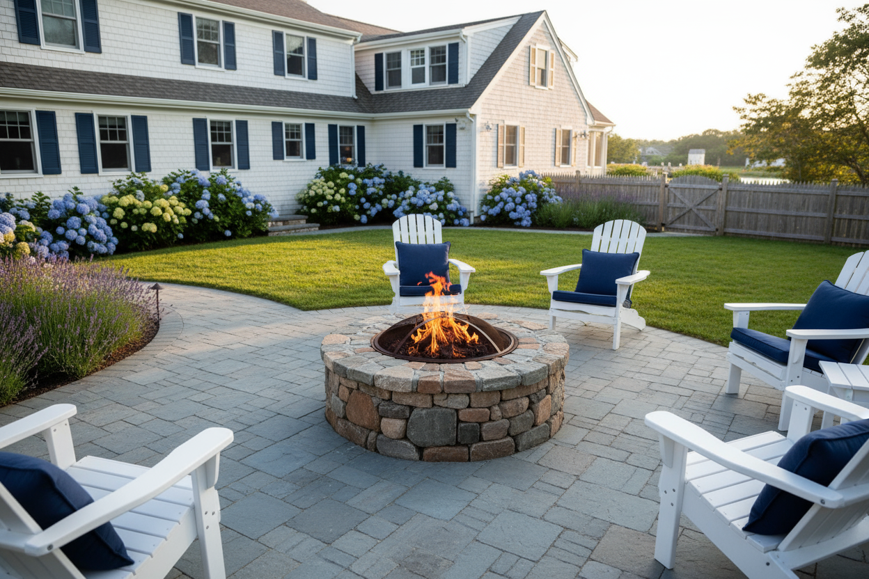 Paver patio with a stone firepit in a cape cod style backyard home, time of day late afternoon